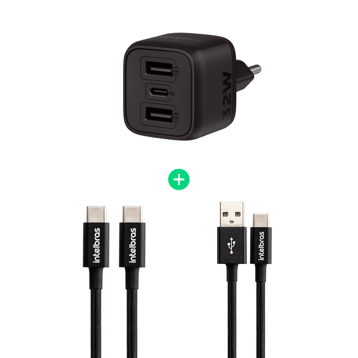 Kit Carregador Turbo com 2 Cabos USB 1,5m USB-C para USB-C e USB-A para USB-C